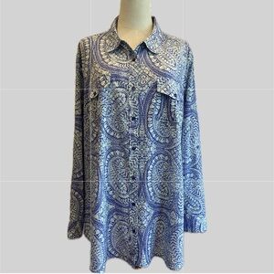 Talbots Woman Blue Paisley Long Sleeves Button Up Shirt 3X